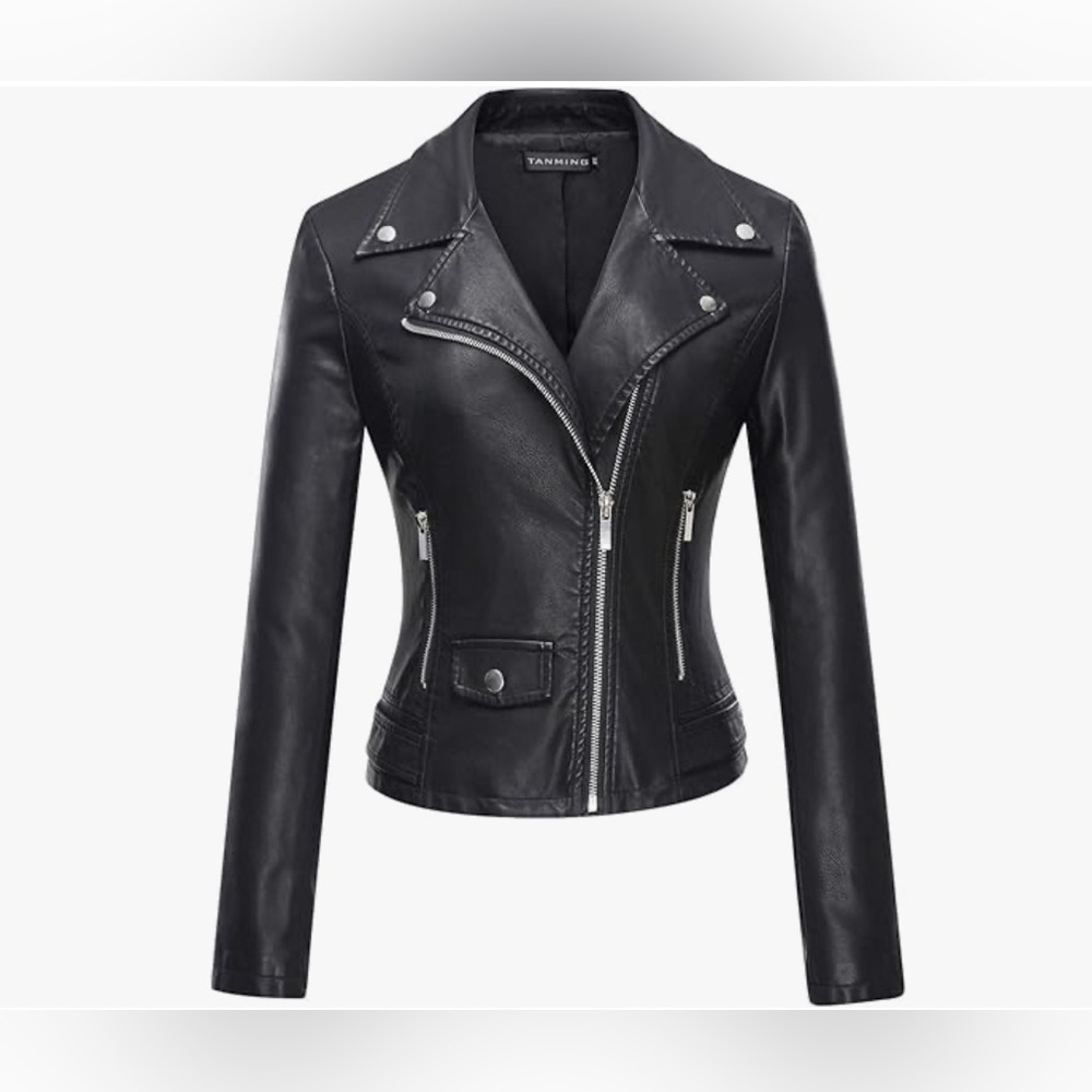 Tanming Women's Black Faux Leather Zipper Jacket Size Large